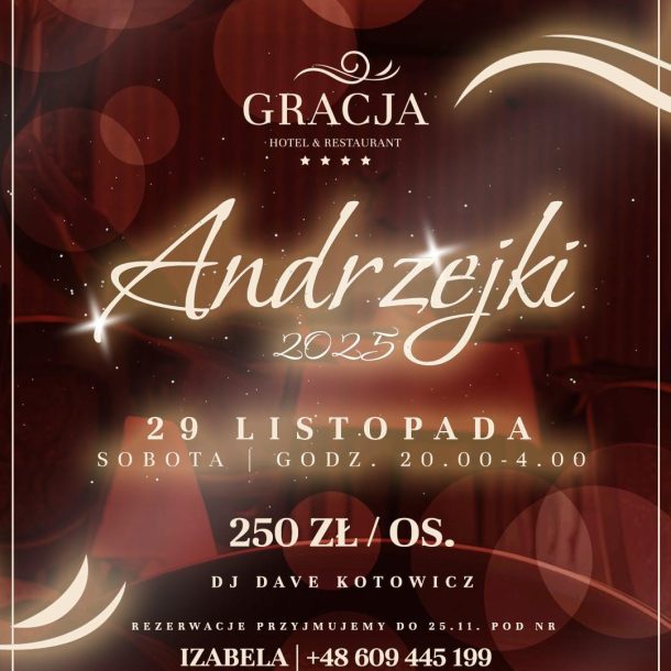 Plakat wydarzenia Andrzejki 2025 w Hotelu Gracja w Gorzowie Wielkopolskim – impreza 29 listopada 2025 z DJ-em Dave Kotowiczem, cena 250 zł za osobę.