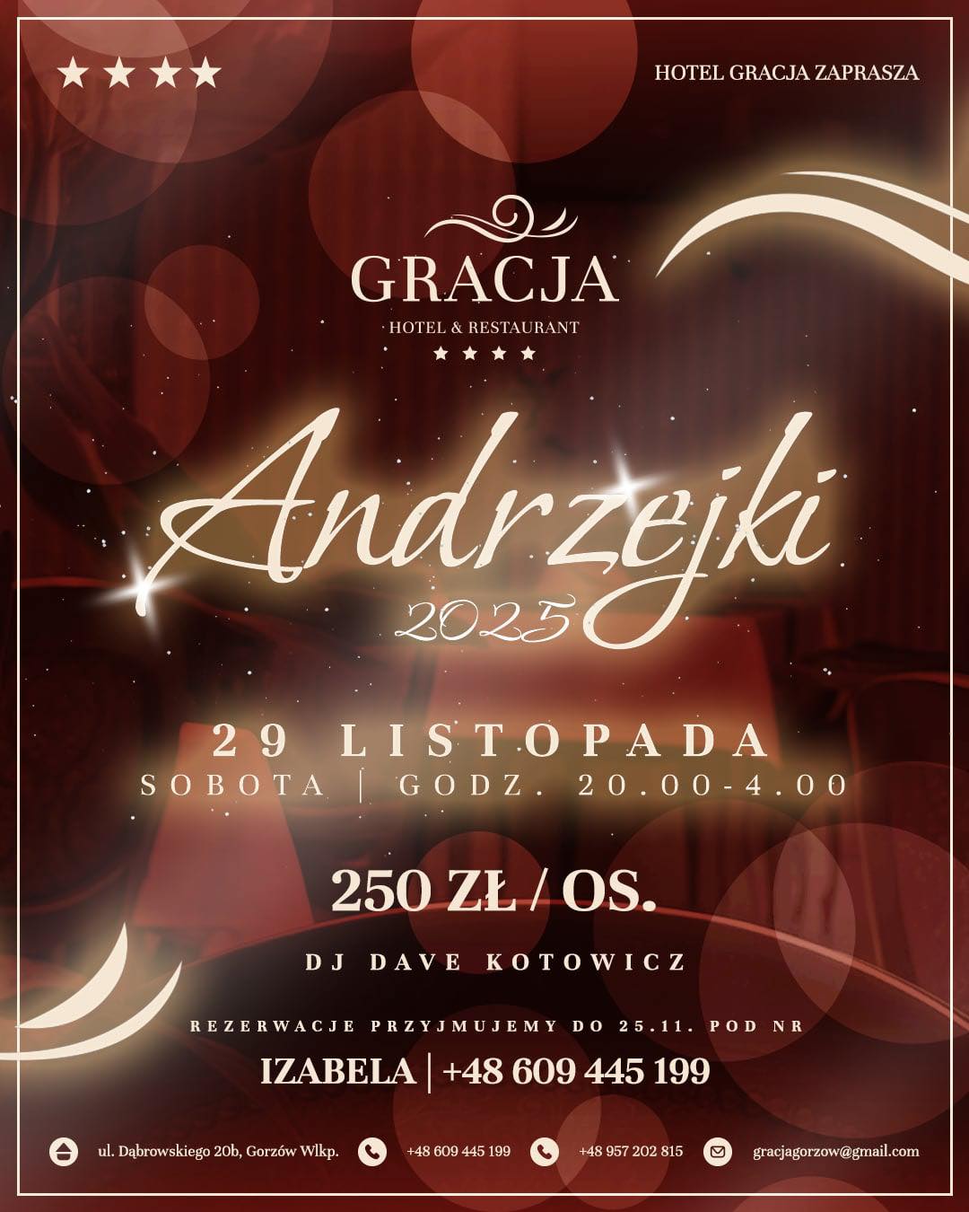 Plakat wydarzenia Andrzejki 2025 w Hotelu Gracja w Gorzowie Wielkopolskim – impreza 29 listopada 2025 z DJ-em Dave Kotowiczem, cena 250 zł za osobę.
