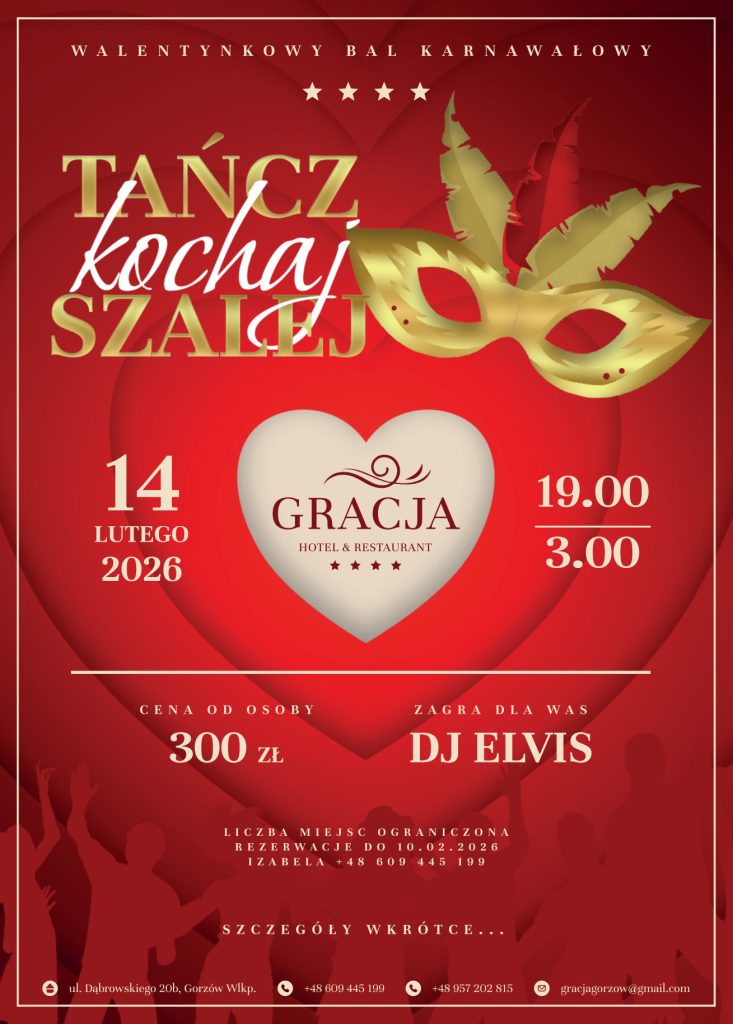 Plakat wydarzenia Walentynkowy Bal Karnawałowy 2026 w Hotelu Gracja w Gorzowie Wielkopolskim – taneczna noc 14 lutego 2026 z DJ Elvisem, cena 300 zł za osobę.